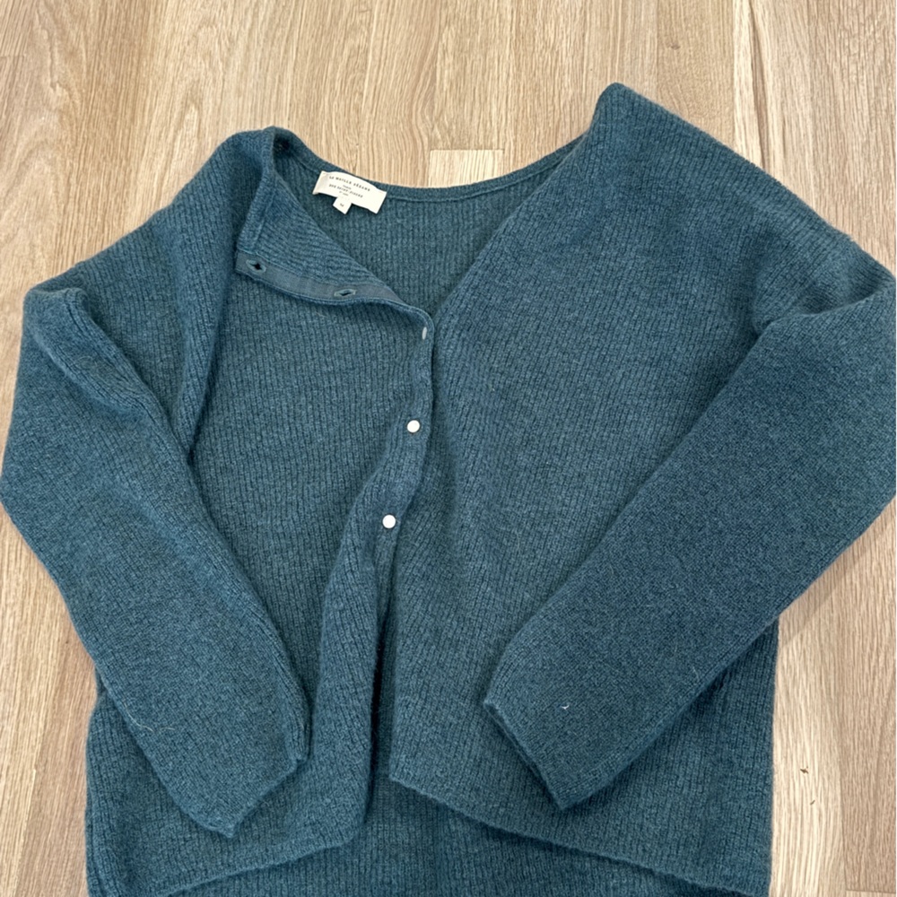 Sezane Teal-Blue pearl Front Knit Cardigan